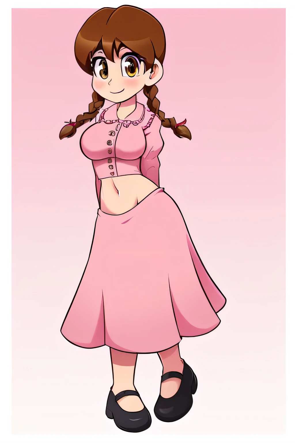 A tall girl, cute, big chest, long brown hair, braids, her brown eye, she dresses in a blouse with soft pink buttons, shows her navel, her long lavender skirt, wearing black shoes.