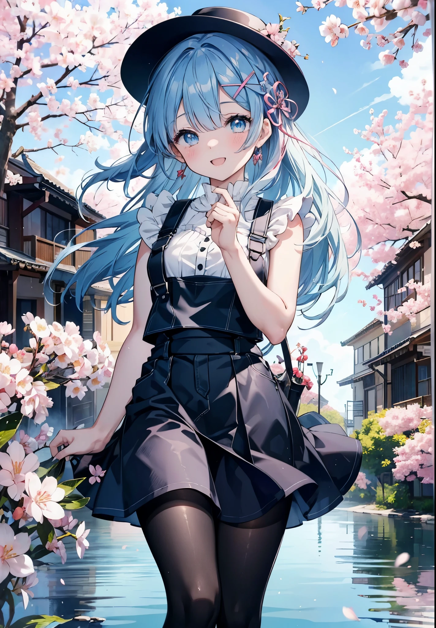rezeroRem, Rem, blue eyes, blue hair, hair ornaments, hair above one eye, hair ribbon, long hair, x hair ornaments,happy smile, smile, open your mouth,skirt,Hunting Hat,Pink tank top shirt,bare arms,denim overalls,shorts,black tights,Mini Boots,cherry blossoms,cherry blossoms並木道,cherry blossomsが咲いている,cherry blossomsが散っている,morning,morning日,the sun is rising,
break outdoors, garden,
break looking at viewer, (cowboy shot:1. 5)
break (masterpiece:1.2), highest quality, High resolution, unity 8k wallpaper, (figure:0.8), (detailed and beautiful eyes:1.6), extRemely detailed face, perfect lighting, extRemely detailed CG, (perfect hands, perfect anatomy),