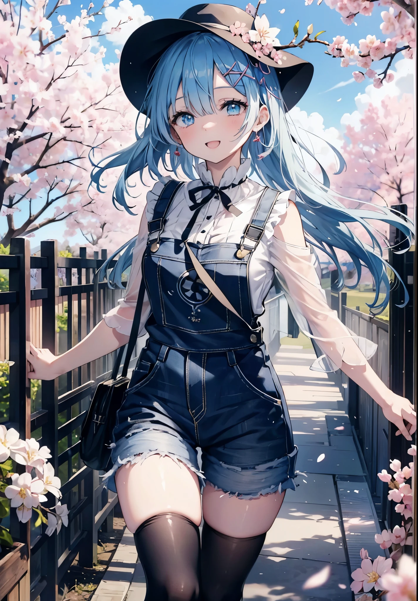 rezeroRem, Rem, blue eyes, blue hair, hair ornaments, hair above one eye, hair ribbon, long hair, x hair ornaments,happy smile, smile, open your mouth,skirt,Hunting Hat,Pink tank top shirt,bare arms,denim overalls,shorts,black tights,Mini Boots,cherry blossoms,cherry blossoms並木道,cherry blossomsが咲いている,cherry blossomsが散っている,morning,morning日,the sun is rising,
break outdoors, garden,
break looking at viewer, (cowboy shot:1. 5)
break (masterpiece:1.2), highest quality, High resolution, unity 8k wallpaper, (figure:0.8), (detailed and beautiful eyes:1.6), extRemely detailed face, perfect lighting, extRemely detailed CG, (perfect hands, perfect anatomy),