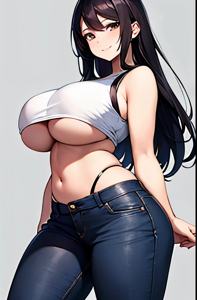 (best quality, masterpiece:1.2), Sketch full view of a hot looking fair skin 29 year old woman standing in front of us. She has brown eyes and long straight black hair. She has big breasts, playful smile. She has a nice curvy physique. She is wearing a crop top and lowrider jeans. Underboob showing. Apartment background. Shading. Lighting. Dynamic pose.