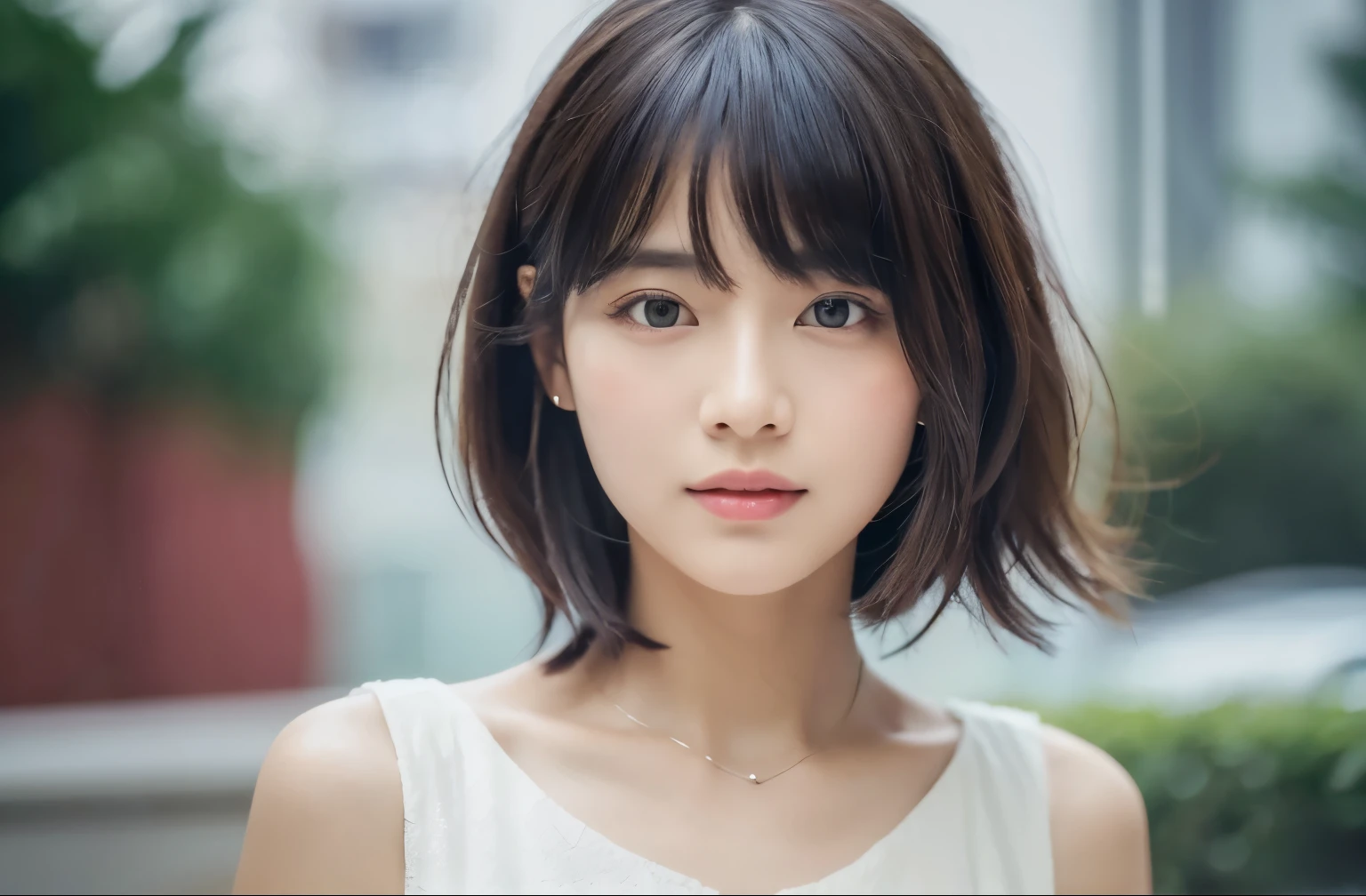 a close up of a woman with layered bob hair wearing a white dress, artwork in the style of guweiz, soft portrait shot 8 k, inspired by Yanjun Cheng, guweiz, kawaii realistic portrait, lalisa manobal, beautiful anime portrait, ethereal beauty, 8k artgerm bokeh, yanjun chengt, portrait of female korean idol,
the corners of the eyes slightly raised