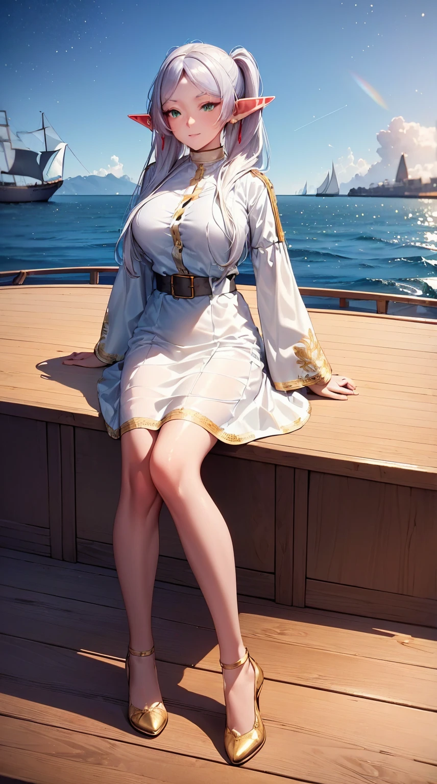 (((masterpiece, best quality, HD, high detail)))), ((((fantasy))), one, (Elf Woman)))), (Sexy white skirt with gold embroidery), (blonde long straight hair), (glossy dark green eyes), (Gold embroidered white ruffled shirt), big deal, (((On the deck of a sailboat at sea)), (vast sea))), (There are clouds visible in the sky)), (( Seagulls fly in the sky)), Smile, (breeze), Light particle flight,Super texture, Unreal Engine Rendering, Physically based rendering, 超HD, 16K, 1080P.