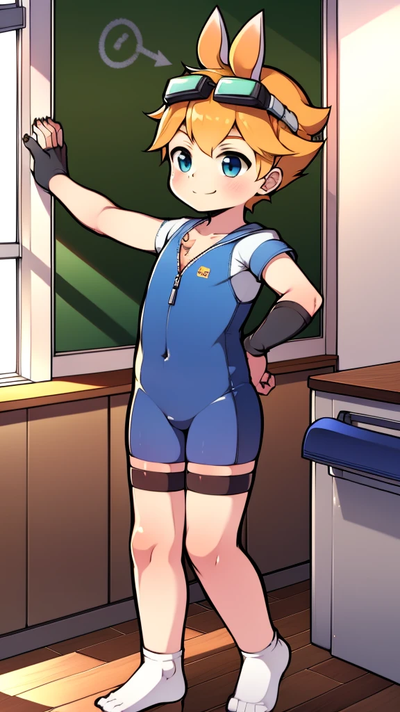 ((A young boy)),(Youthful feeling),one-piece swimsuit,slender figure,Healthy limbs,goggles,fingerless gloves,cotton socks,short sleeves,Smile,Rabbit ears,zipper,classroom,standing