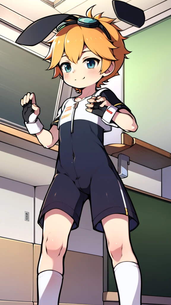 ((A young boy)),(Youthful feeling),One-piece school uniform,slender figure,Healthy limbs,goggles,fingerless gloves,cotton socks,short sleeves,Smile,Rabbit ears,classroom,standing