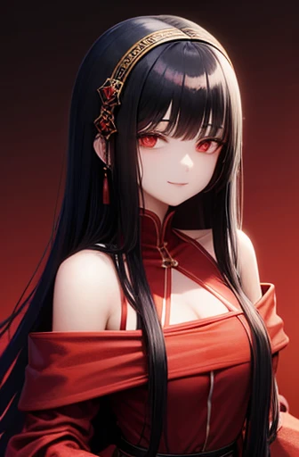 A woman with long straight black hair and red eyes wearing a red off-the-shoulder bishop-style dress robe circlet smile