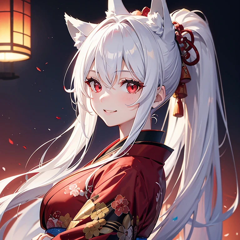 masterpiece,high quality:1.2,((young woman)),cute,whole body,(Alone),girl,(wolf ears:1.3),(Sky Eyes 1.3),(face focus:1.3), (anger, smile:1.3),(gentle features:1.3),(white long hair:1.3),gray hair , hair is messy,(((ponytail 1.2))),clear eyes,red eyes,red eyes(red eyes:1.3), (perfectly detailed eyes:1.3),red kimono,Red kimono,Japanese style dress,dynamic angle,(((2 heads))), ((shine of light)), chromatic aberration, digital painting, intricate details, ((((photo shoot))))、Photographed with a 70mm lens, depth of subject, (morning:1.3:1.3),(close portrait:1.3),(feminine:1.4),(beautiful:1.4),(Charm:1.3),move angle,theme background