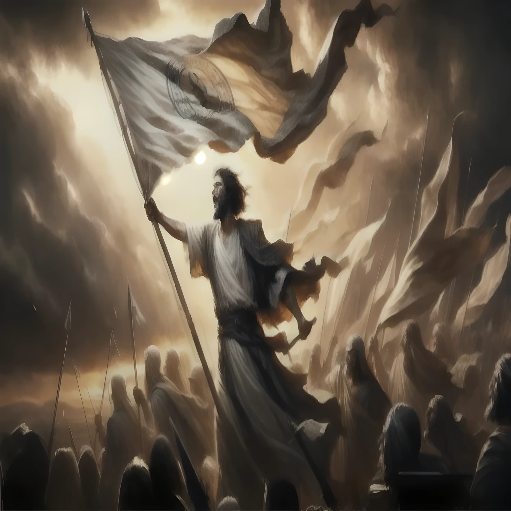 blurred image of a man holding a flag in front of a crowd of people, epic biblical representation, biblical epic film, epic scene of Zeus, pintura digital de godrays, artistic representation, triunfante, Admirador de arte, visual deslumbrante, death is swallowed up in victory, dramatic art, por Kristian Kreković, por Aleksander Gierymski