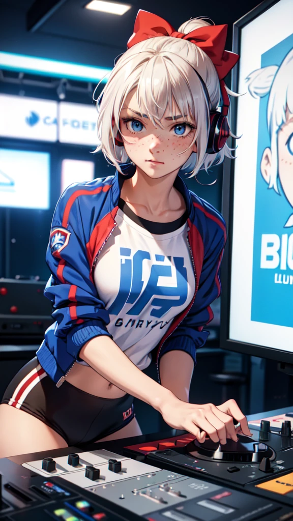 A shy face, 16 years old, realistic, short platinum hair messy, hair tied with red bows, detailed face, with freckles, masterpiece, wearing a white anime t-shirt blue club jacket, spandex pants, headphones, dj booth, mixing records, live sign in background,