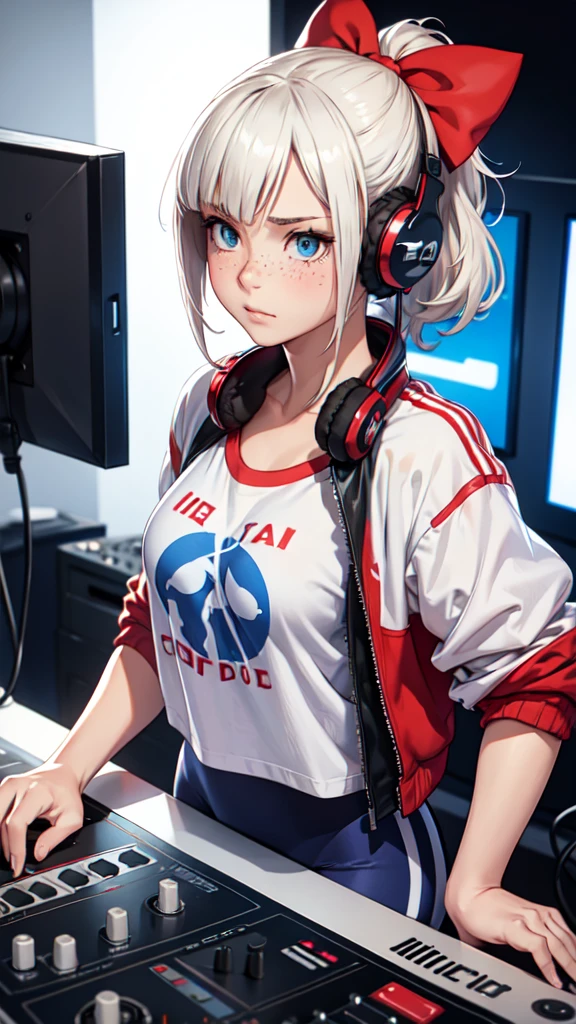 A shy face, 16 years old, realistic, short platinum hair messy, hair tied with red bows, detailed face, with freckles, masterpiece, wearing a white anime t-shirt blue club jacket, spandex pants, headphones, dj booth, mixing records, live sign in background,