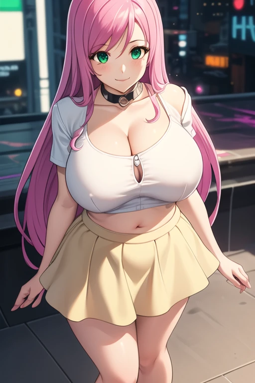1 girl, 19 years old, Long pink hair, green eyes with slit pupils, master-piece, best quality, (standing up), (white buttoned crop blouse), (tight short sleeve white crop blouse, beige pencil mini skirt, pink wedge heels, cleavage), (Big , ultra gigantic , Super super big, Glamorous body), Make eye contact with the camera, front figure, looking forward, (light_Smile:1.5), (Detailed hands and fingers:1.2) (Cyberpunk City), (FULL BODYSHOT), thighs thighs thighs thighs、beauty legs、Bare legs