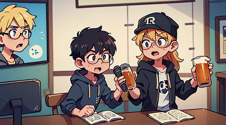 podcast , long table , 2 microphone , shouting, drinking beer, chaotic, | 2boys , "boy A, black hair that has glasses, emo hair ", "boy B blonde hair, wearing a hoodie, long hair , backwards baseball hat"