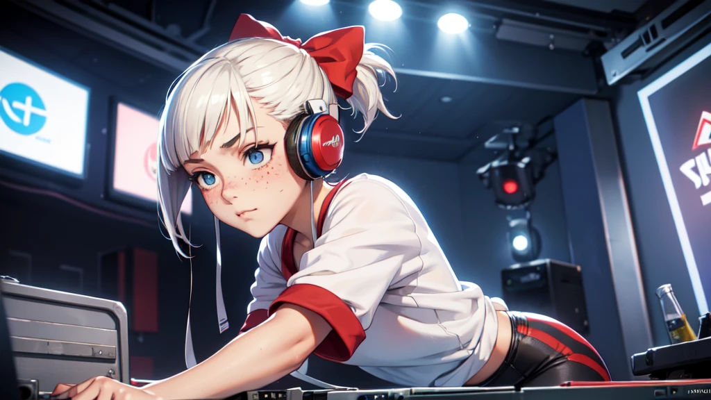 A shy face, 16 years old, realistic, short platinum hair messy, hair tied with red bows, detailed face, with freckles, masterpiece, wearing a white anime t-shirt blue club jacket, spandex pants, headphones, dj booth, mixing records, live sign in background,
