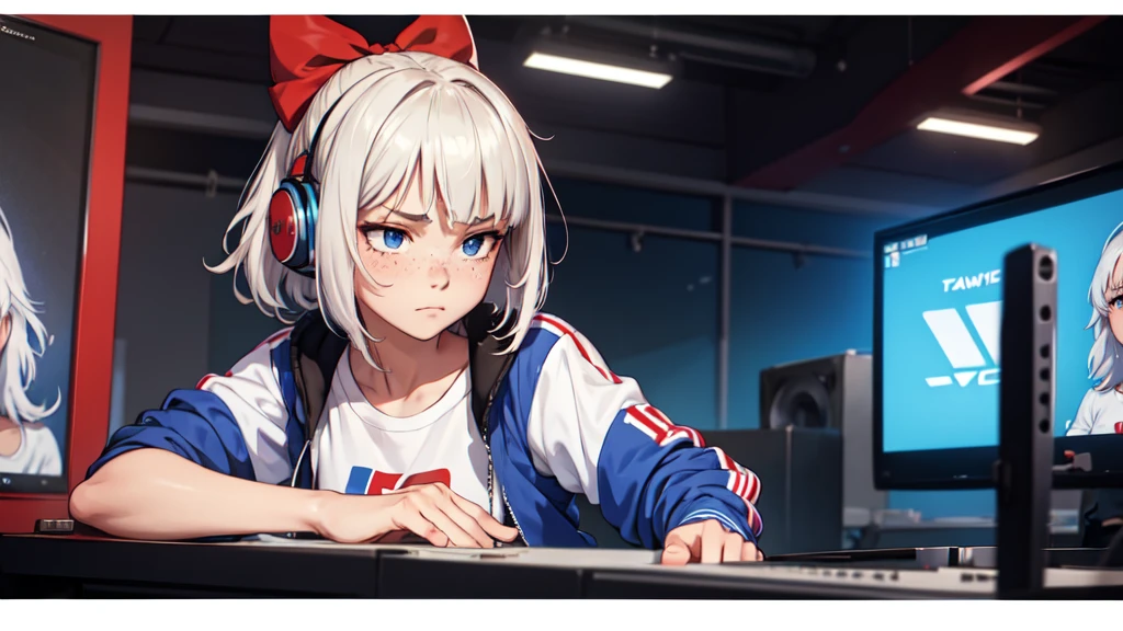 A shy face, 16 years old, realistic, short platinum hair messy, hair tied with red bows, detailed face, with freckles, masterpiece, wearing a white anime t-shirt blue club jacket, spandex pants, headphones, dj booth, mixing records, live sign in background,
