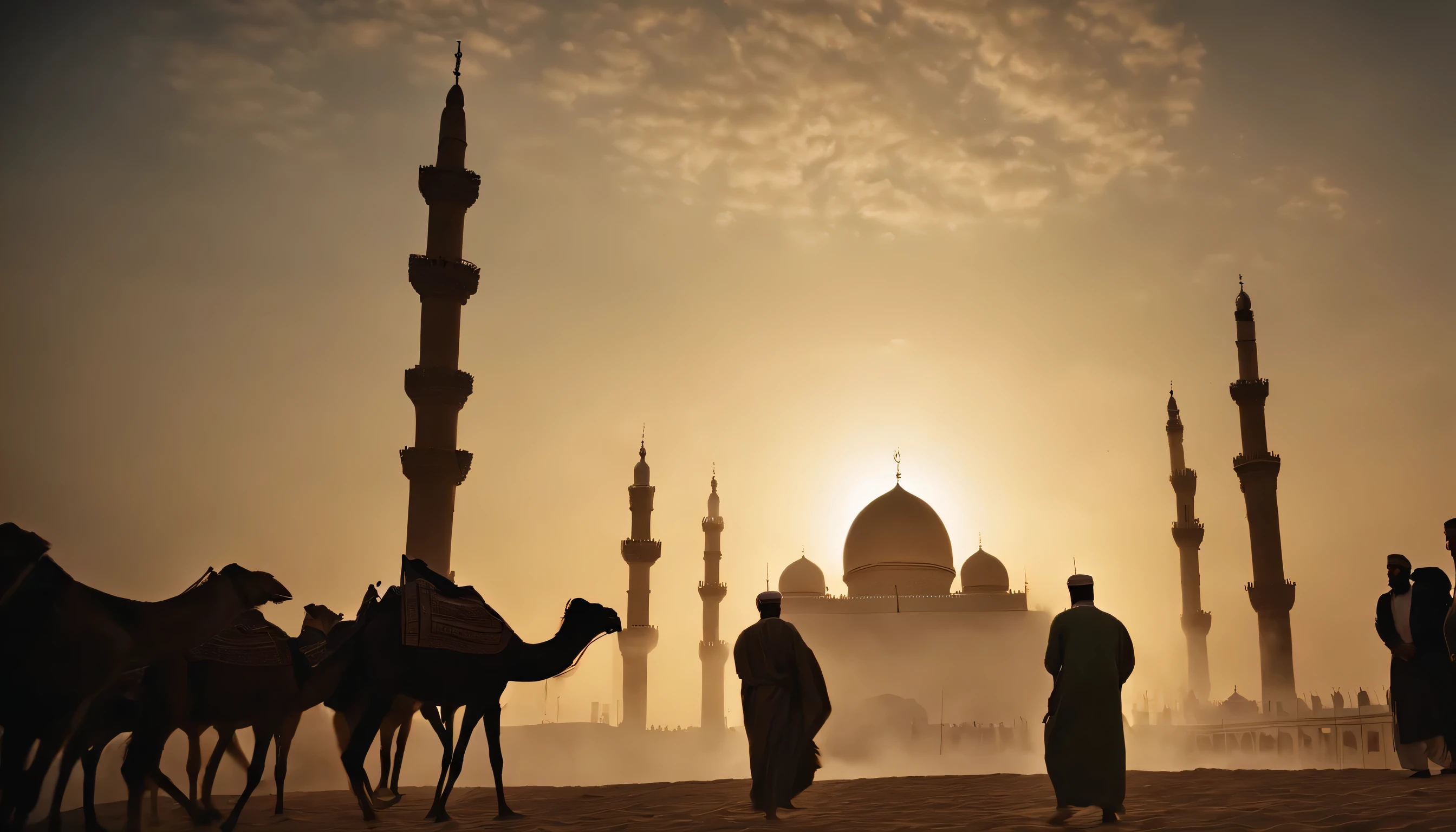 Birth of Islam: Capture the moment of revelation as Prophet Muhammad receives divine messages. Show scenes of early Islamic civilization, with mosques, calligraphy, and scholars advancing knowledge.