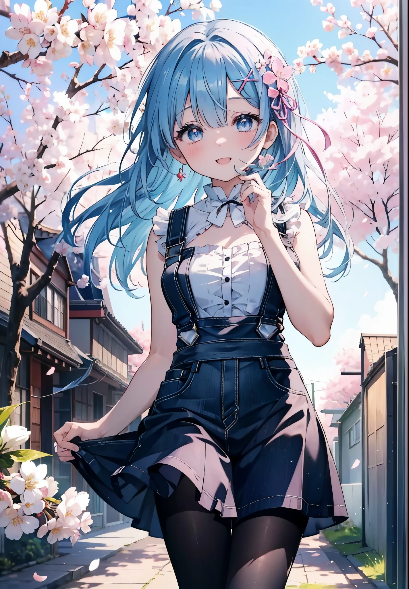 rezeroRem, Rem, blue eyes, blue hair, hair ornaments, hair above one eye, hair ribbon, long hair, x hair ornaments,happy smile, smile, open your mouth,skirt,Pink tank top shirt,bare arms,denim overalls,shorts,black tights,Mini Boots,cherry blossoms,cherry blossoms並木道,cherry blossomsが咲いている,cherry blossomsが散っている,morning,morning日,the sun is rising,
break outdoors, garden,
break looking at viewer, (cowboy shot:1. 5)
break (masterpiece:1.2), highest quality, High resolution, unity 8k wallpaper, (figure:0.8), (detailed and beautiful eyes:1.6), extRemely detailed face, perfect lighting, extRemely detailed CG, (perfect hands, perfect anatomy),