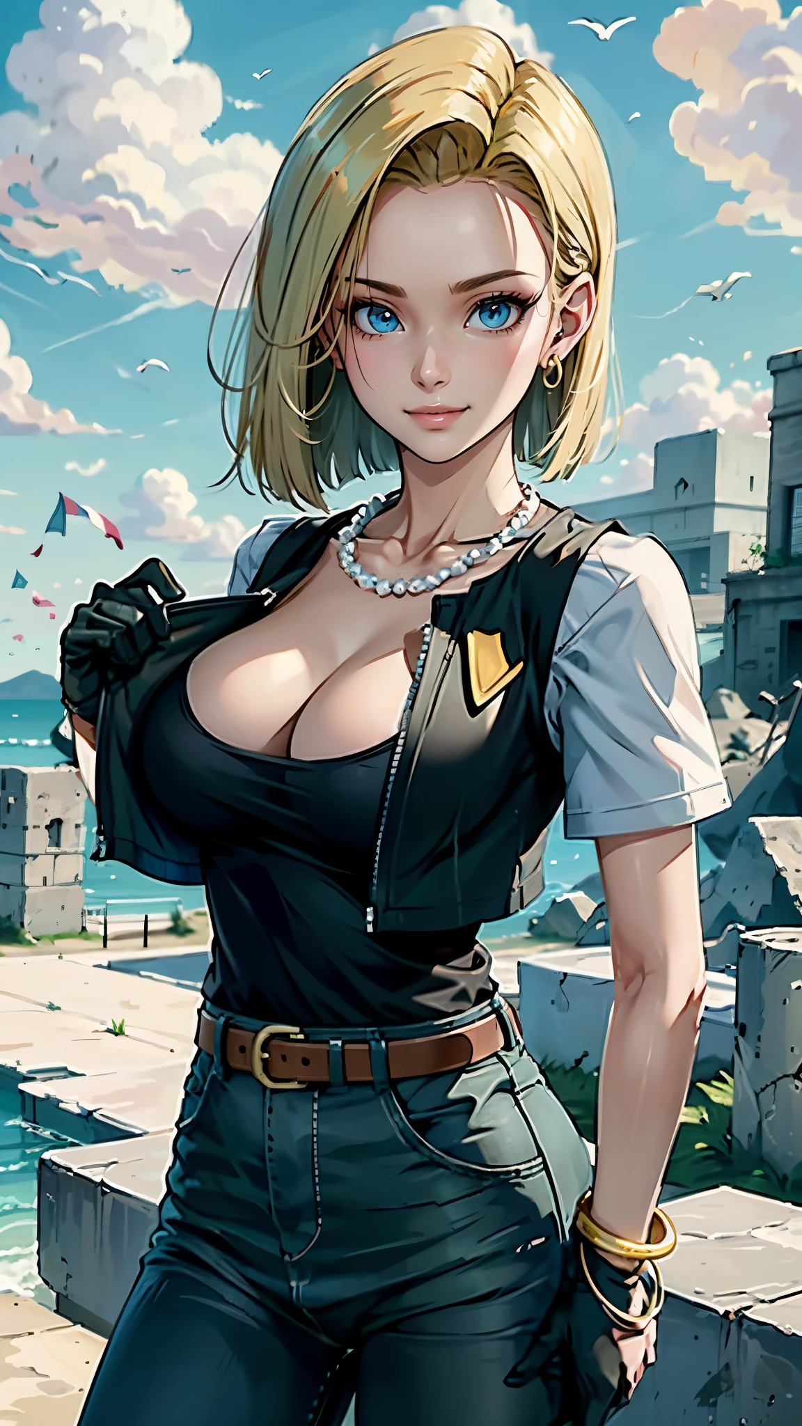 best quality, high-res, and18, 1girl, android 18, solo, blonde hair, blue eyes, belt, green jeans, pearl necklace, bracelets, black gloves, white shirt, short hair, short sleeves, earrings, green leggings, open vest, black vest, large breasts, cowboy shot, forest, straight-on, (weather: windy), combat stance, battle ruins, wide hips, shy smile,