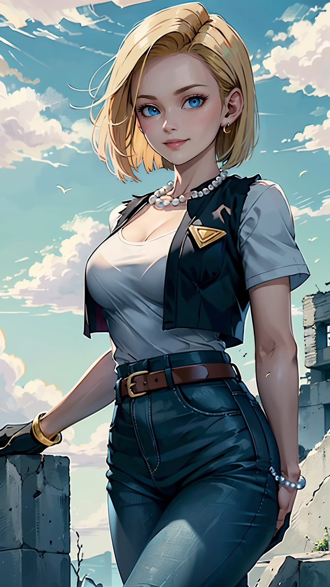 best quality, high-res, and18, 1girl, android 18, solo, blonde hair, blue eyes, belt, green jeans, pearl necklace, bracelets, black gloves, white shirt, short hair, short sleeves, earrings, green leggings, open vest, black vest, large breasts, cowboy shot, forest, straight-on, (weather: windy), combat stance, battle ruins, wide hips, shy smile,