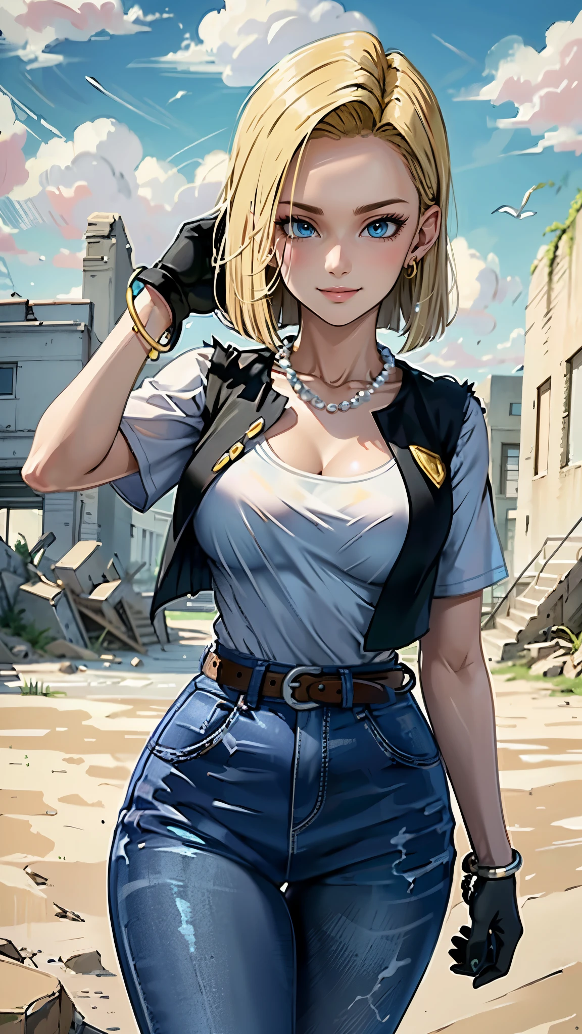 best quality, high-res, and18, 1girl, android 18, solo, blonde hair, blue eyes, belt, green jeans, pearl necklace, bracelets, black gloves, white shirt, short hair, short sleeves, earrings, green leggings, open vest, black vest, large breasts, cowboy shot, forest, straight-on, (weather: windy), combat stance, battle ruins, wide hips, shy smile,