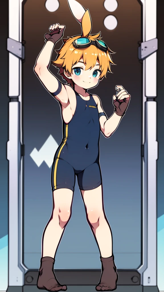 ((A young boy)),(Youthful feeling),one-piece swimsuit,slender figure,Healthy limbs,goggles,fingerless gloves,cotton socks,short sleeves,Smile,Rabbit ears,zipper,standing