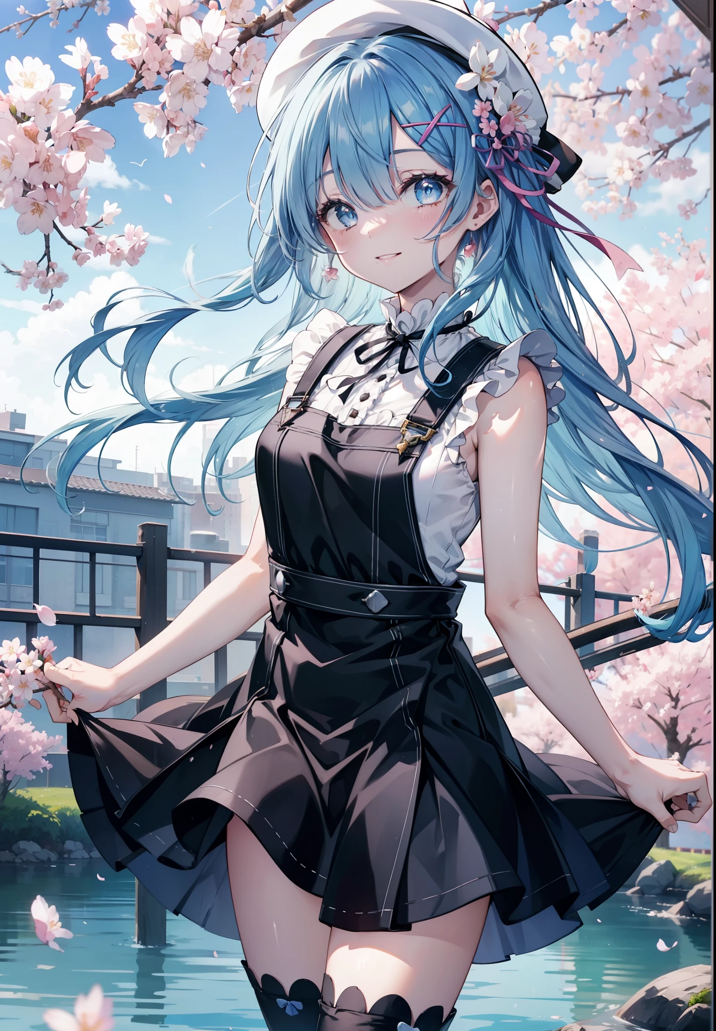 rezeroRem, Rem, blue eyes, blue hair, hair ornaments, hair above one eye, hair ribbon, long hair, x hair ornaments,happy smile, smile, open your mouth,skirt,Hunting Hat,Pink tank top shirt,bare arms,denim overalls,shorts,black tights,Mini Boots,cherry blossoms,cherry blossoms並木道,cherry blossomsが咲いている,cherry blossomsが散っている,morning,morning日,the sun is rising,
break outdoors, garden,
break looking at viewer, (cowboy shot:1. 5)
break (masterpiece:1.2), highest quality, High resolution, unity 8k wallpaper, (figure:0.8), (detailed and beautiful eyes:1.6), extRemely detailed face, perfect lighting, extRemely detailed CG, (perfect hands, perfect anatomy),