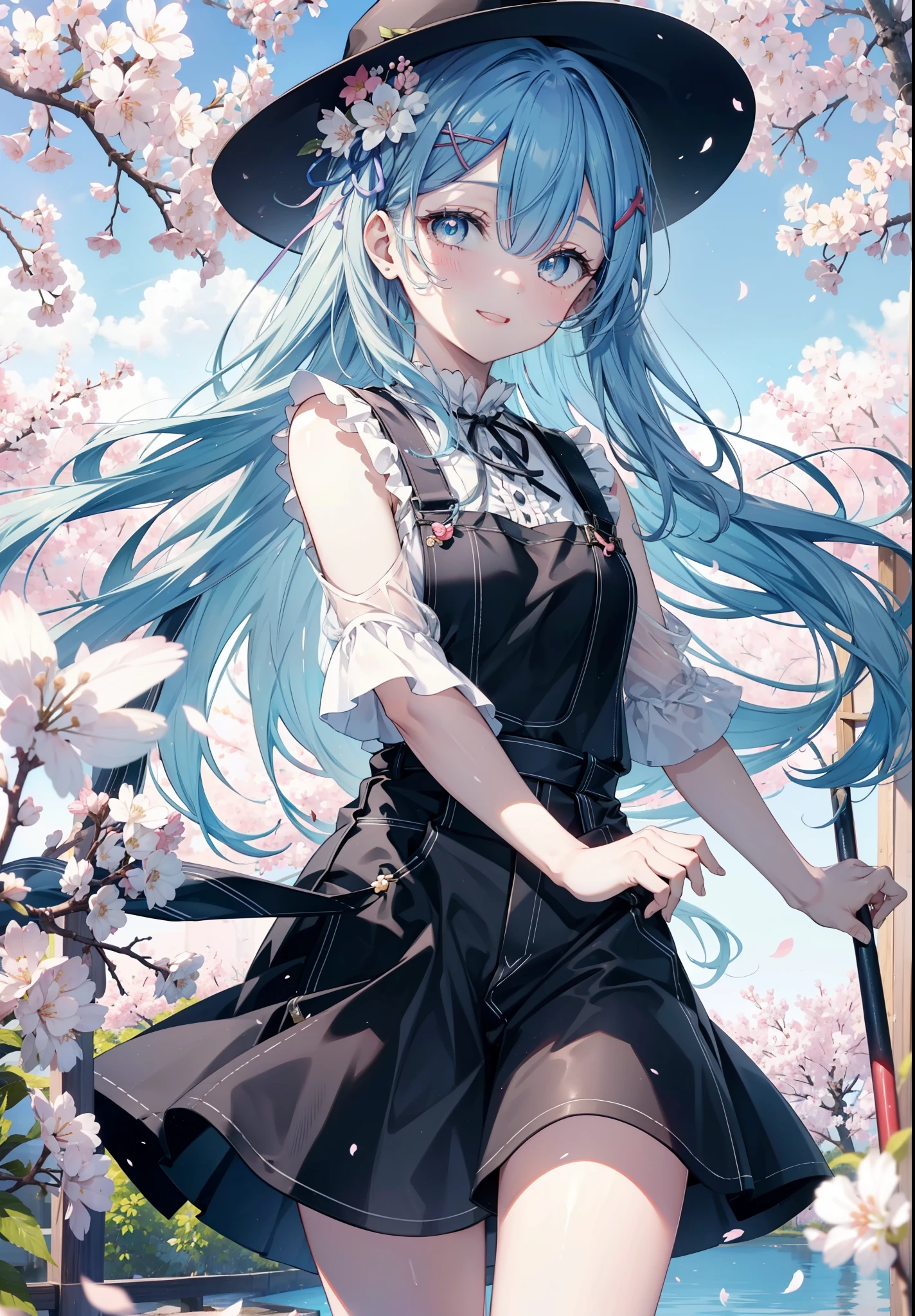 rezeroRem, Rem, blue eyes, blue hair, hair ornaments, hair above one eye, hair ribbon, long hair, x hair ornaments,happy smile, smile, open your mouth,skirt,Hunting Hat,Pink tank top shirt,bare arms,denim overalls,shorts,black tights,Mini Boots,cherry blossoms,cherry blossoms並木道,cherry blossomsが咲いている,cherry blossomsが散っている,morning,morning日,the sun is rising,
break outdoors, garden,
break looking at viewer, (cowboy shot:1. 5)
break (masterpiece:1.2), highest quality, High resolution, unity 8k wallpaper, (figure:0.8), (detailed and beautiful eyes:1.6), extRemely detailed face, perfect lighting, extRemely detailed CG, (perfect hands, perfect anatomy),