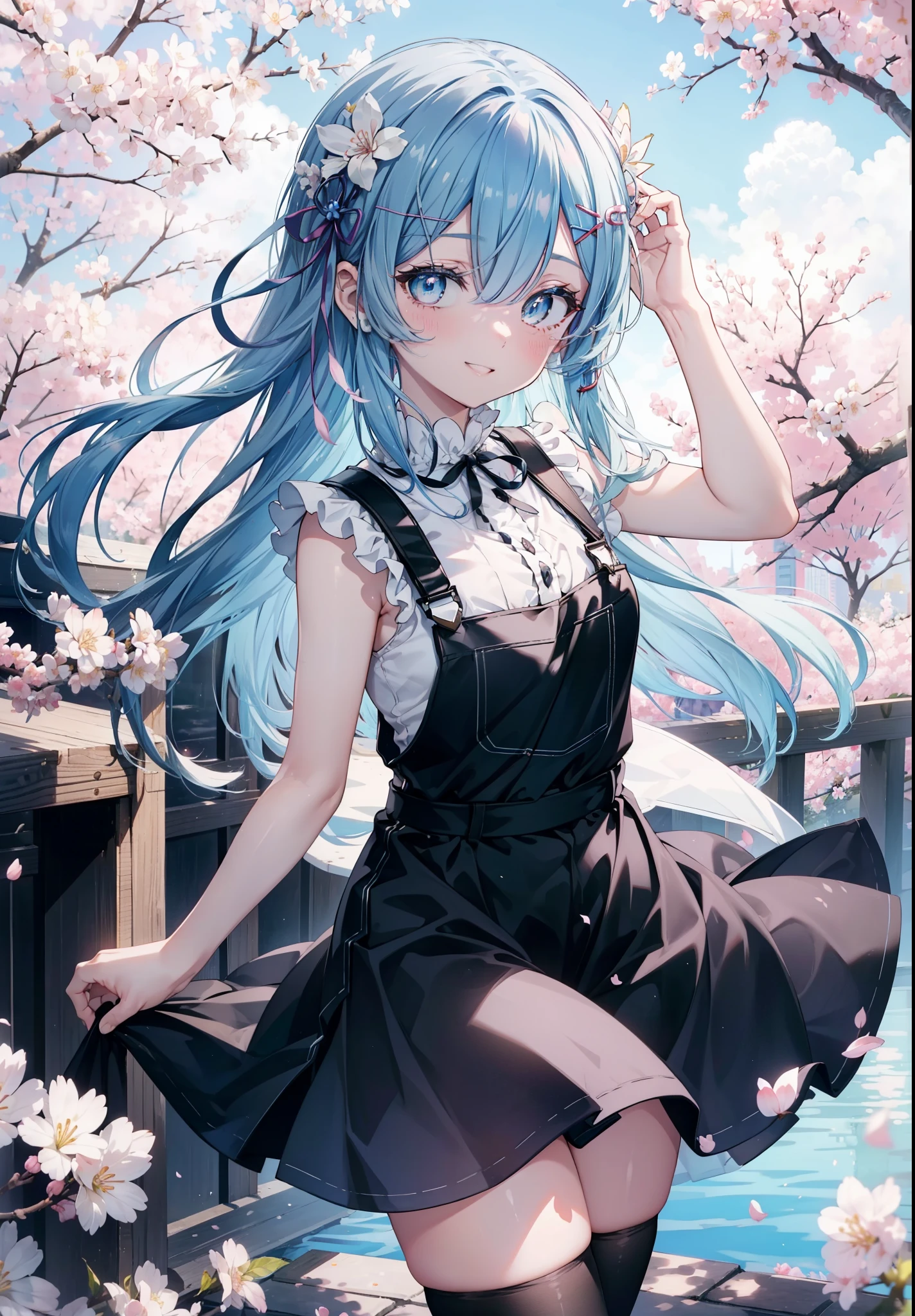 rezeroRem, Rem, blue eyes, blue hair, hair ornaments, hair above one eye, hair ribbon, long hair, x hair ornaments,happy smile, smile, open your mouth,skirt,Pink tank top shirt,bare arms,denim overalls,shorts,black tights,Mini Boots,cherry blossoms,cherry blossoms並木道,cherry blossomsが咲いている,cherry blossomsが散っている,morning,morning日,the sun is rising,
break outdoors, garden,
break looking at viewer, (cowboy shot:1. 5)
break (masterpiece:1.2), highest quality, High resolution, unity 8k wallpaper, (figure:0.8), (detailed and beautiful eyes:1.6), extRemely detailed face, perfect lighting, extRemely detailed CG, (perfect hands, perfect anatomy),