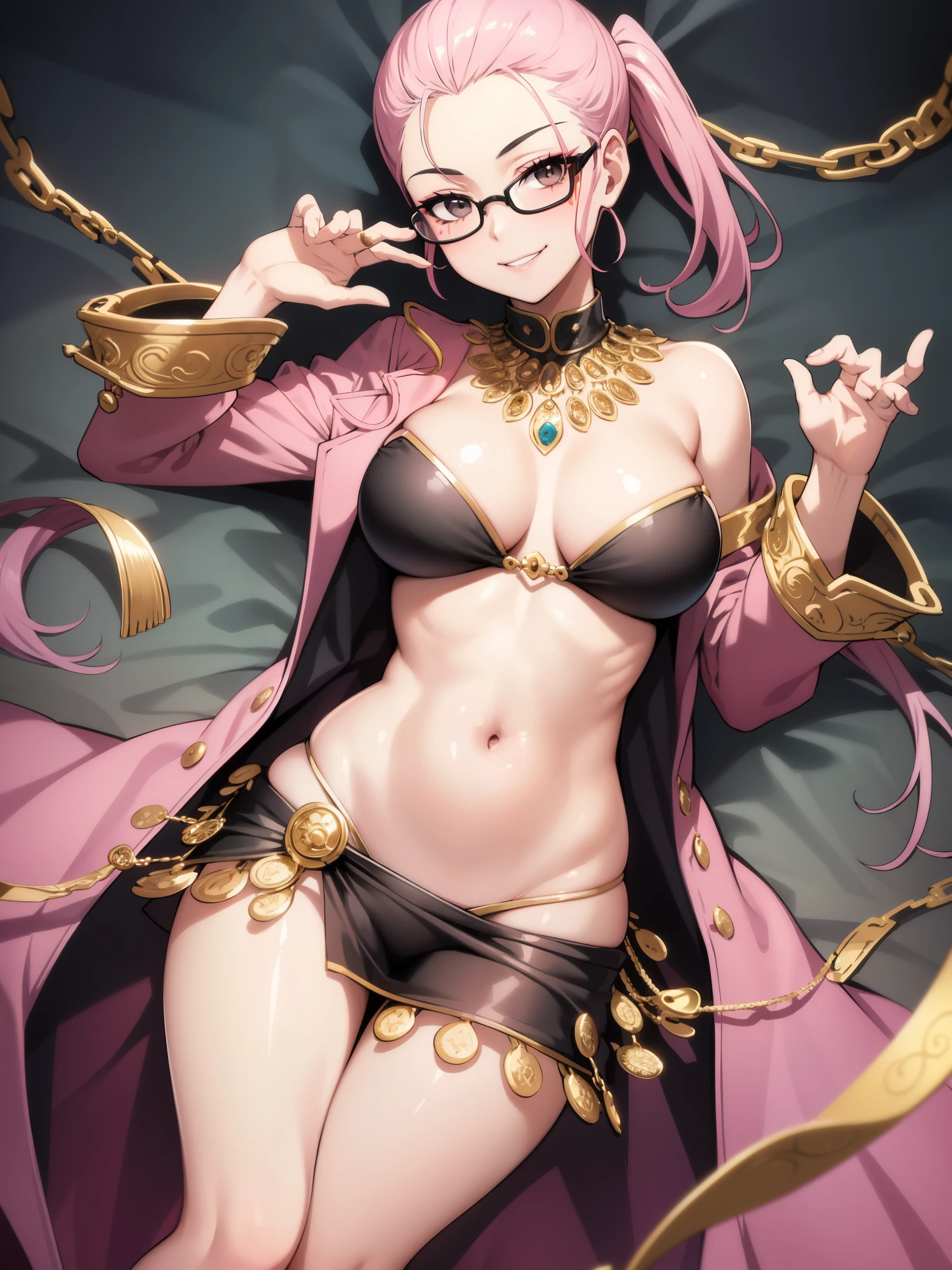 masterpiece, best quality, tashigi, black eyes, hair slicked back, glasses, belly dancer outfit, slave mark, cowboy shot, looking at viewer, medium breasts, seducing smile, pink coat