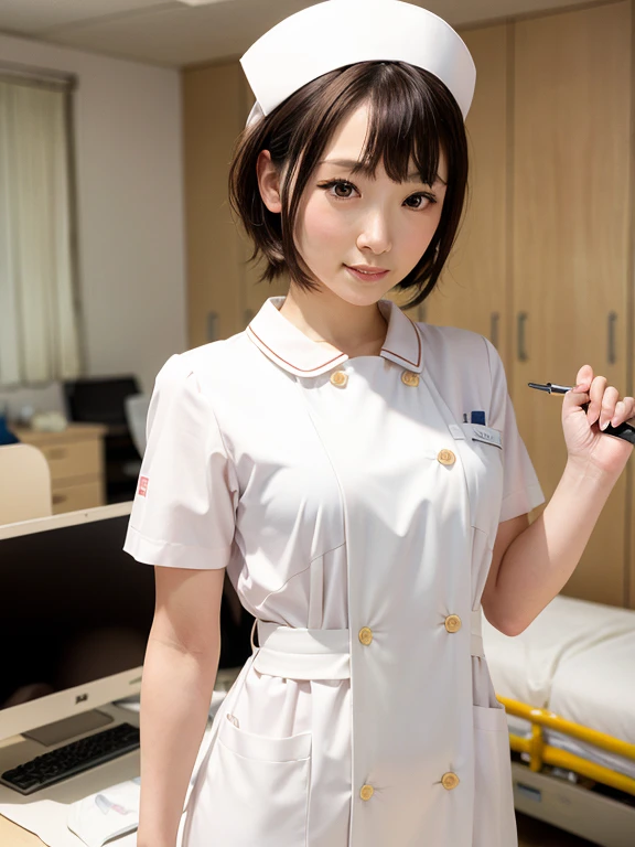 1 girl,(Wearing white nurse clothes:1.2),(Raw photo, highest quality), (realistic, photo-realistic:1.4), masterpiece, very delicate and beautiful, very detailed, 2k wallpaper, wonderful, finely, very detailed CG unity 8k wallpaper, Super detailed, High resolution, soft light, beautiful detailed girl, very detailed eyes and face, beautifully detailed nose, finely beautiful eyes, nurse, perfect anatomy, black hair, up style, nurse uniform, ((nurse cap)), long skirt, nurse, white costume, thin, hospital, clear, White uniform, hospital room, Neck auscultation,