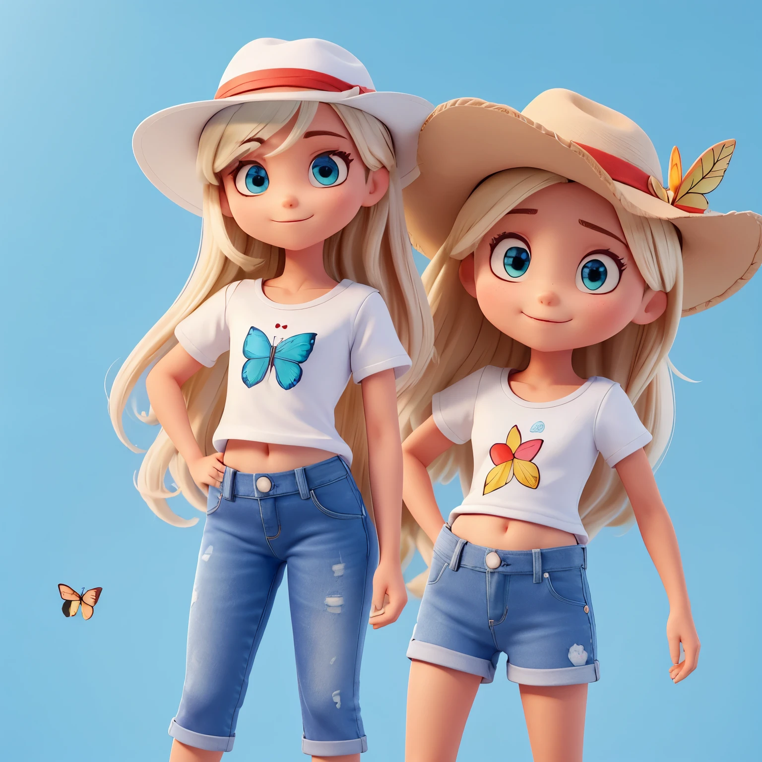 Cabelo castanho,olhos castanhos claros,baixa,pear body slim,blusa vermelha listrada,cabelo curto com franja,white hat with blue butterfly design,short jeans,meias largar brancas