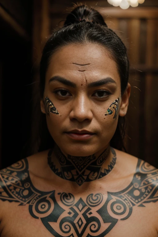 Extreme closeup face of a Maori facial tattoo on the chin, moko tauae, face only, dim gloomy lighting, relaxed expression, high detail, focus on face, mist