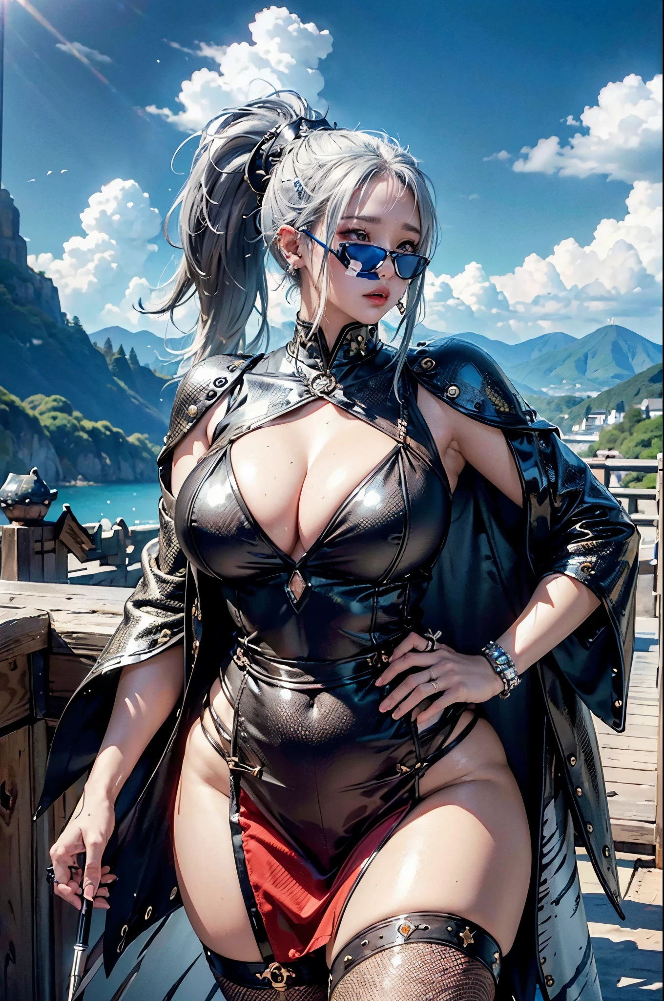 (best quality,4k,8k,highres,masterpiece:1.2),ultra-detailed,photorealistic:1.37,illustration, girl, piercings, silver ring, Monster Hunter, ponytail, Japanese, chubby1.3, curvy1.2, tall, high-definition, super detailed, sharp focus,smoking a cigarette,,,