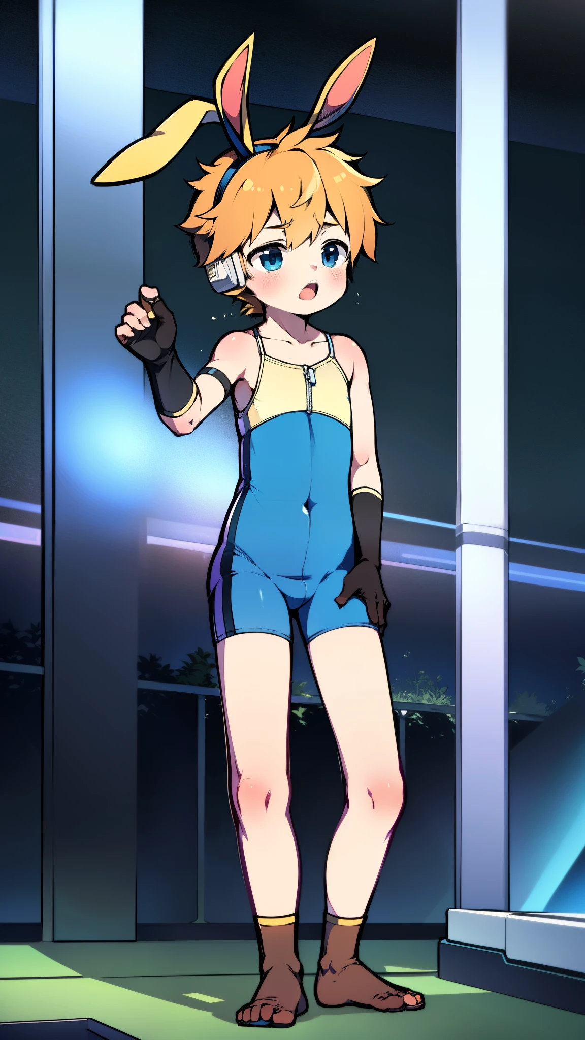 ((A young boy)),(Youthful feeling),one-piece swimsuit,slender figure,Healthy limbs,goggles,fingerless gloves,cotton socks,short sleeves,moan,Rabbit ears,zipper,standing