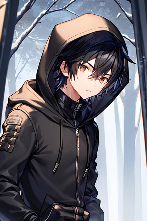 1boy, black hair, hood up, hoodie, hooded jacket, hood on, jacket, black jacket, brown eyes, fingerless gloves, muscular, tall male, tall, snow, forest, browm eyes, very short hair