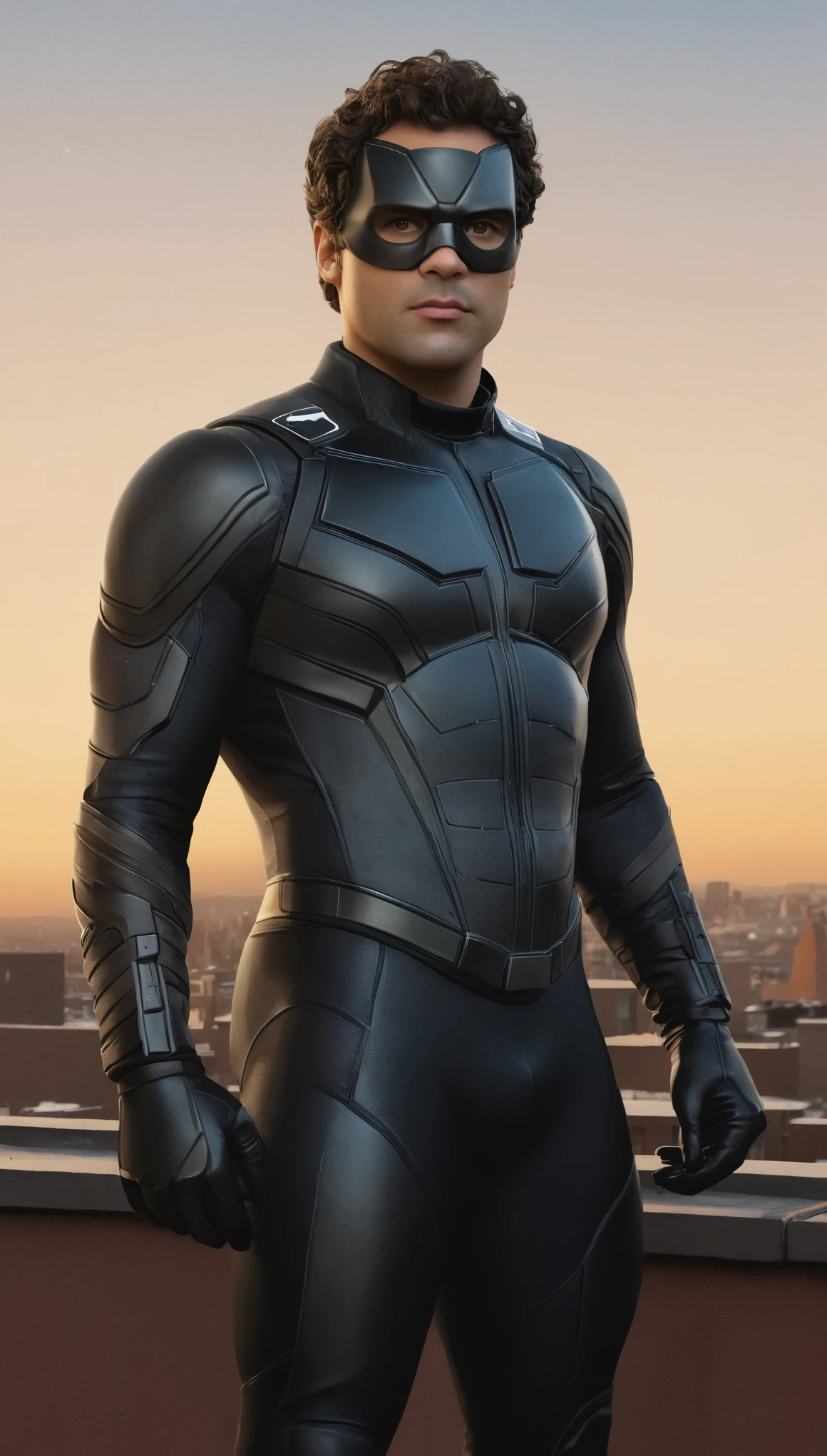 An illustrated movie poster, hand-drawn, full color, a superhero, 28 years-old, wearing a black spandex suit and a domino mask, resembles Mark Ruffalo, stocky, soft doughy physique, deep brown eyes, wide bulbous nose, full lips, black hair, curly hair, thick bushy eyebrows, extremely hairy chest, stomach, and arms, lots of body hair, posing on a neon-lit rooftop, hard shadows, graphite shading, stencil markings, airbrushed acrylic paint, masterpiece