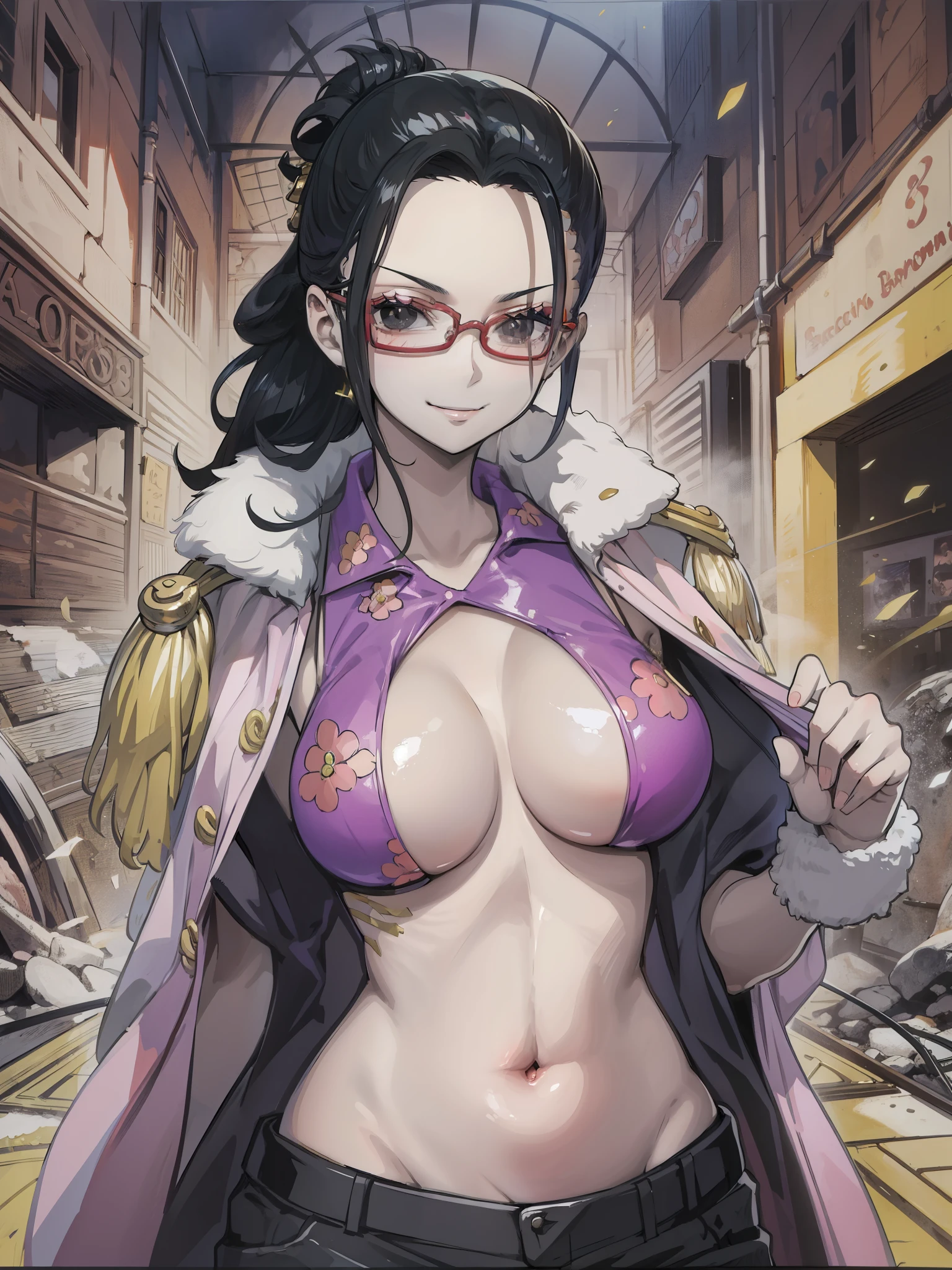 masterpiece, best quality, tashigi, black eyes, hair slicked back, glasses, belly dancer outfit, slave mark, cowboy shot, looking at viewer, medium breasts, seducing smile, pink coat