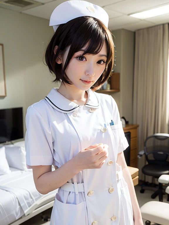1 girl,(Wearing white nurse clothes:1.2),(Raw photo, highest quality), (realistic, photo-realistic:1.4), masterpiece, very delicate and beautiful, very detailed, 2k wallpaper, wonderful, finely, very detailed CG unity 8k wallpaper, Super detailed, High resolution, soft light, beautiful detailed girl, very detailed eyes and face, beautifully detailed nose, finely beautiful eyes, nurse, perfect anatomy, black hair, up style, nurse uniform, ((nurse cap)), long skirt, nurse, white costume, thin, hospital, clear, ((White uniform)), hospital room, Neck auscultation,