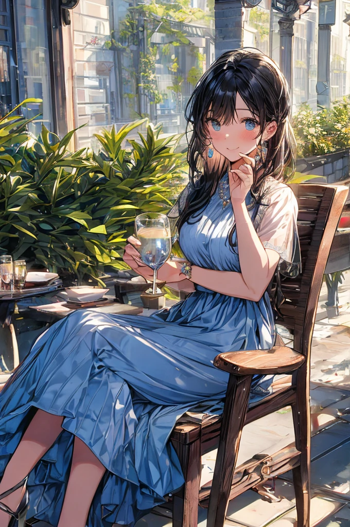 (higher resolution, distinct_image) The best quality, a woman, masterpiece, highly detailed, semi realistic, 26 years old, beautiful, young, handsome, interlaced white blue dress, small gem necklace on neck, exterior, cafe seat, window, sitting, afternoon, blush, smiling