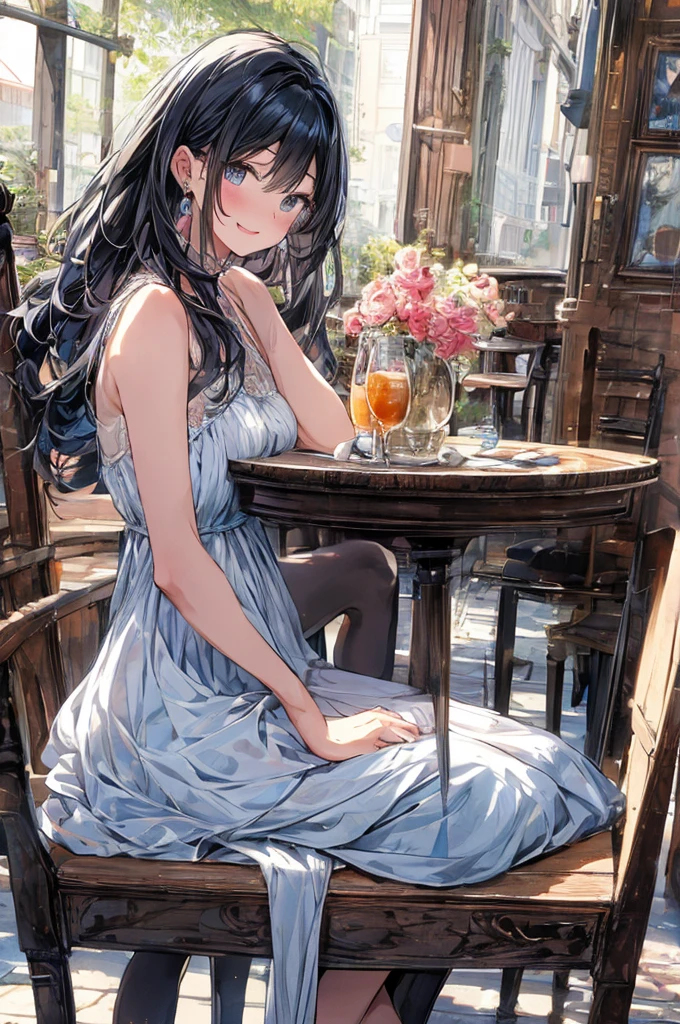 (higher resolution, distinct_image) The best quality, a woman, masterpiece, highly detailed, semi realistic, 26 years old, beautiful, young, handsome, interlaced white blue dress, small gem necklace on neck, exterior, cafe seat, window, sitting, afternoon, blush, smiling