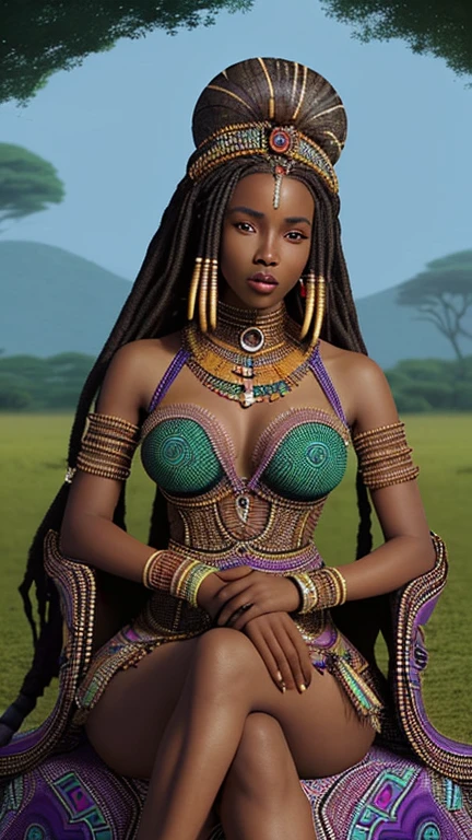 a woman in a dress sitting on a field with elephants in the background, stunning african princess, african queen, wearing a dress made of beads, african woman, african princess, african arts, intricate african jewellery, beautiful digital artwork, afrofuturism style, african fractals, black african princess, afrocentric mysticism, beautiful futuristic himba woman, beautiful artwork