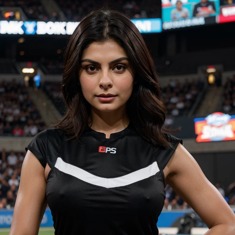 Morena Baccarin disguised as a sports commentator