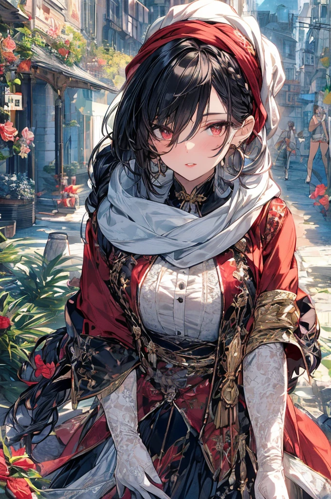 22 years old, (milf:0.8), (solo:1.5), (sfw:1.25), cute breast, beautiful breasts, medium tits, thin waist, big ass:1.0, Raised sexy, (dark mahogany medium short hair, updo, hair band, red eyes, light smile, big , Revimpling fabric, earrings, Hand gloves, detailed face,(smoking:1.3),brunette hair,detailed and beautiful eyes,beautiful detailed lips,Rolling her eyes,manner,hair over one eye, asymmetric hair, Carly hair, low tied braids),(musulman, white Headscarfs, hair bands, head vandage, Turban), (ultra high resolution, 8K RAW photo, photo realistics, thin outline:1.3, clear focus), best qualtiy, natural lighting, textile shading, blurry back ground, field depth, bokeh, (Bright pupils, fine detailed beautiful eyes with highlight:1.3, high detailed face), Red lip, fine realistic skins:1.1, looking down viewers:1.3, (dynamic angle:1.3, front view:1.1, breast focus:1.3, from below:1.2), (dynamic posing:1.5, sexy posing:1.2, leaning forward),Youghal, side lock, hair ornaments, hair band,nice,garden background,artistic rendering,Super detailed,(highest quality,4k,8K,High resolution,masterpiece:1.2),Bright colors,studio lighting