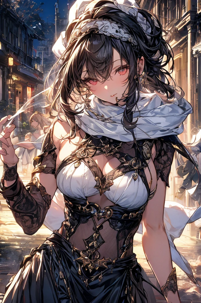  22 years old, (milf:0.8), (solo:1.5), (sfw:1.25), cute breast, beautiful breasts, medium tits, thin waist, big ass:1.0, Raised sexy, (dark mahogany medium short hair, updo, hair band, red eyes, light smile, big , Revimpling fabric, earrings, Hand gloves, detailed face,(smoking:1.3),brunette hair,detailed and beautiful eyes,beautiful detailed lips,Rolling her eyes,manner,hair over one eye, asymmetric hair, Carly hair, low tied braids),(musulman, white Headscarfs, hair bands, head vandage, Turban), (ultra high resolution, 8K RAW photo, photo realistics, thin outline:1.3, clear focus), best qualtiy, natural lighting, textile shading, blurry back ground, field depth, bokeh, (Bright pupils, fine detailed beautiful eyes with highlight:1.3, high detailed face), Red lip, fine realistic skins:1.1, looking down viewers:1.3, (dynamic angle:1.3, front view:1.1, breast focus:1.3, from below:1.2), (dynamic posing:1.5, sexy posing:1.2, leaning forward),Youghal, side lock, hair ornaments, hair band,nice,garden background,artistic rendering,Super detailed,(highest quality,4k,8K,High resolution,masterpiece:1.2),Bright colors,studio lighting
