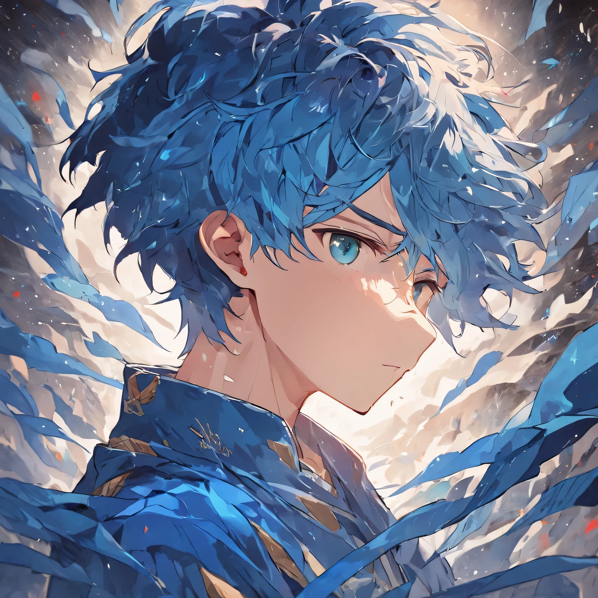 (blue background:1.4),(Silhouette of a boy's head, Eyes closed, blue hair, Oriental elements),(Chinese illustration:1.3,paper art:1.3, Quilted paper art:1.2),( Reasonable design logo, Clear lines, High sharpness,Best quality, Very detailed, Masterpiece, movie light effect, 4K ), bowl haircut, undercut hair