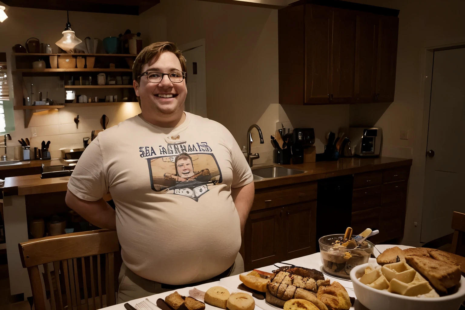 A jovial, chubby, nerdy, white American with freckles, happily enjoying his day