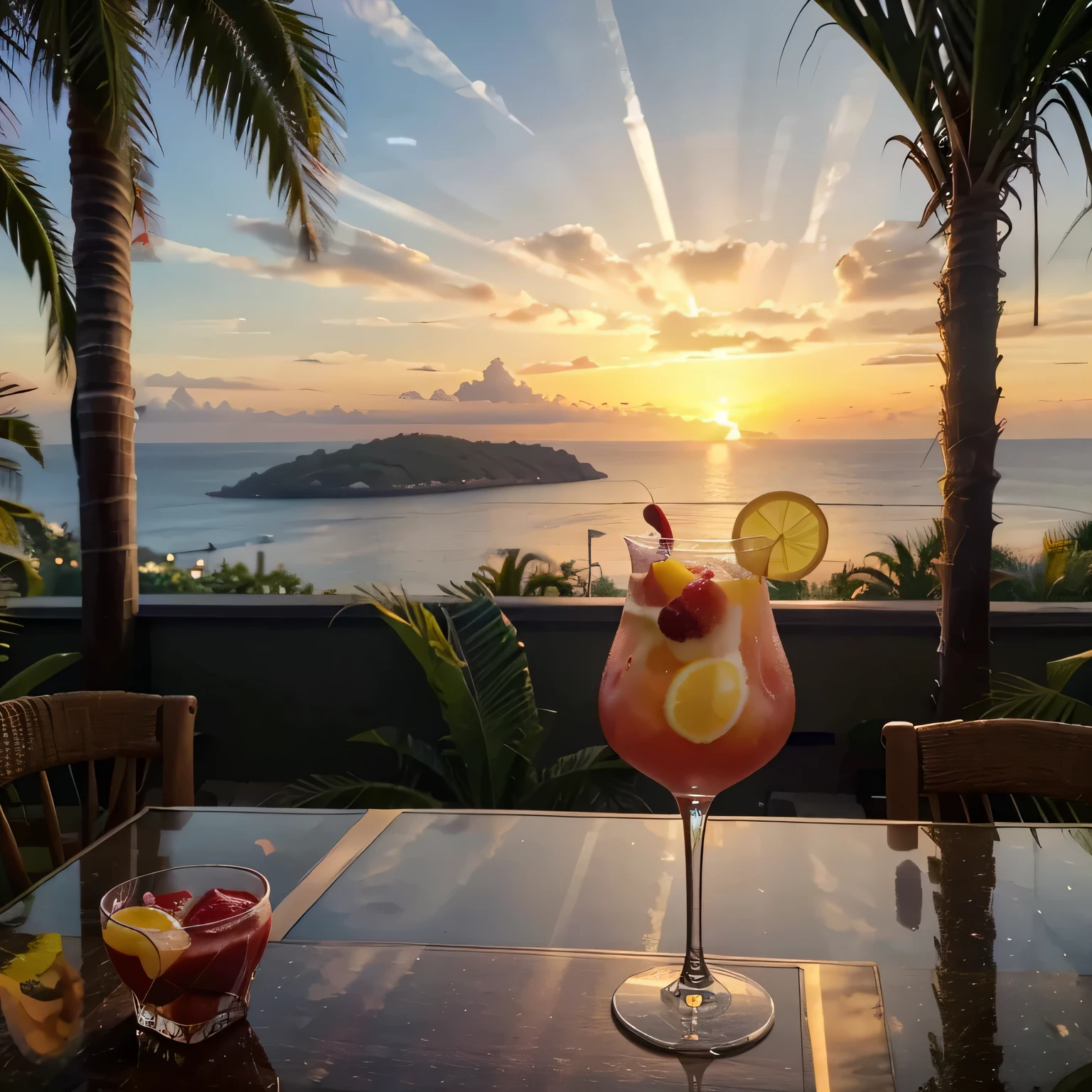 there is a glass of fruit and a bowl of fruit on a table, paradise in the background, colorful coctail, drinking cocktail, cocktail in an engraved glass, drink, in the evening, summer evening, holiday season, radiant morning light, masterpiece work of art, summer setting, sunset view, outstanding detail, as the sun sets on the horizon