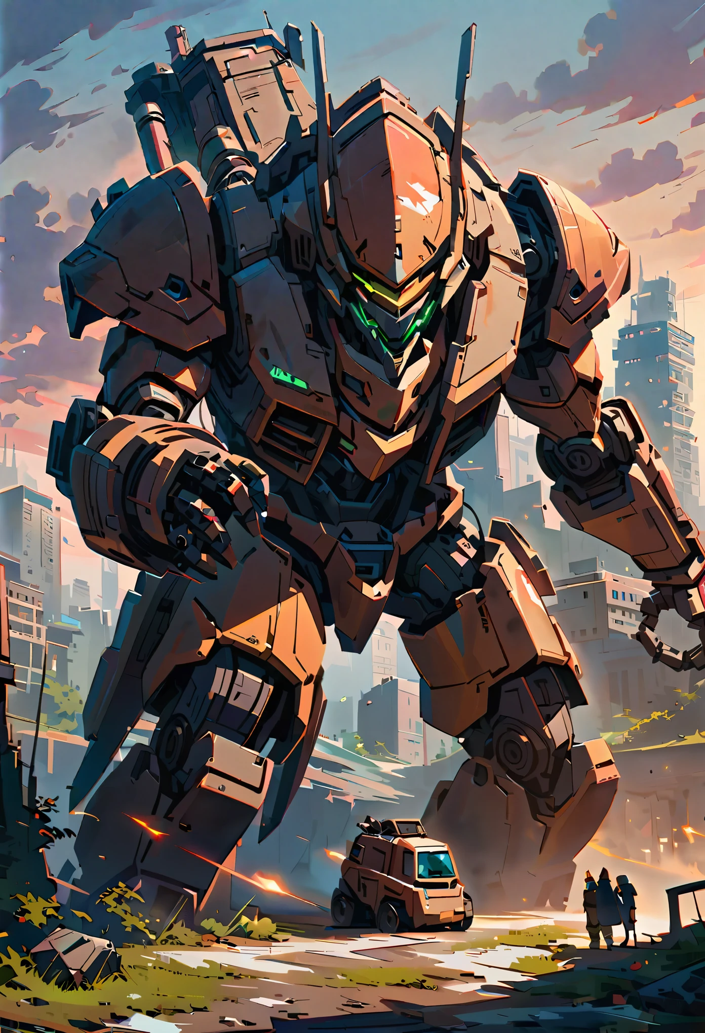 mecha ,winter, dark, dusk,cracked  broken robot, an abandoned old rusty mech, an overgrown , frame weathered and worn, detailed,futuristic city environment, post-apocalyptic