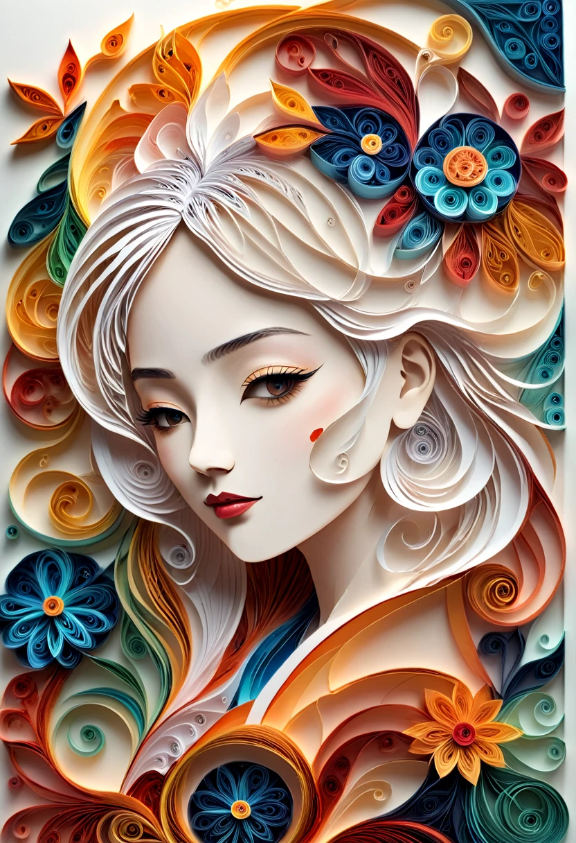 arte em papel,(Corte de papel plano，arte em papel，layered arte em papel，quilling de papel, The Art of Mathematics),fundo branco puro, mulher japonesa, gueixa，(Alto detalhe, obra de arte, Melhor qualidade, ultra high definition)