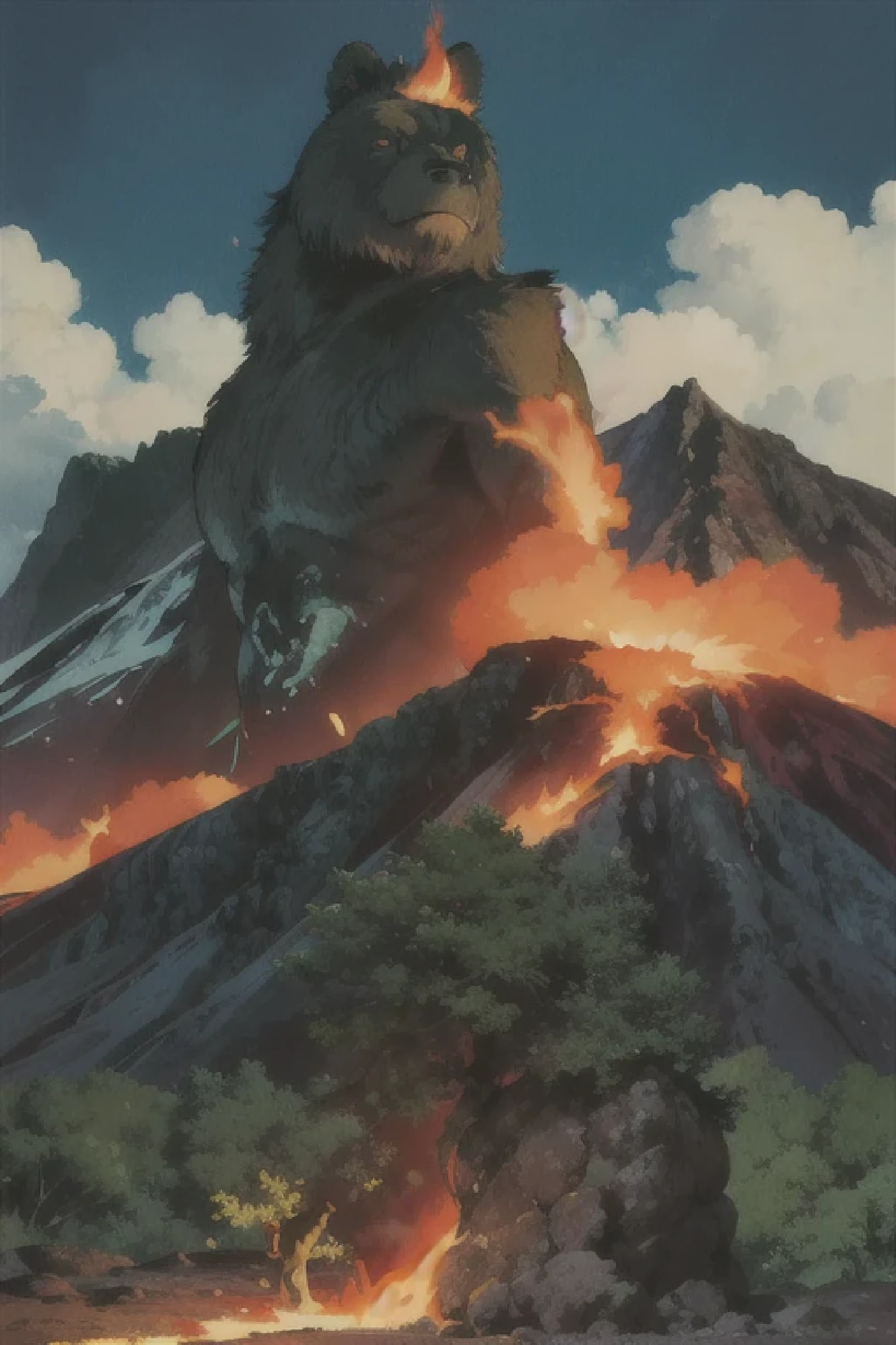In the heart of a lush, vibrant forest, a proud bear stands tall and tranquil, embodying strength and grandeur. His regal posture conveys a sense of majesty and calm, as he gazes out towards a towering volcano in the distance. Smoke billows from the summit, painting the sky with red-orange hues, while lava streams snake down the volcanic slopes, adding to the scene's raw power and energy.
The forest, rich in life and detail, provides a stark contrast to the volcanic landscape. Delicate foliage blankets the forest floor, with each leaf meticulously rendered in deep green, soft pe