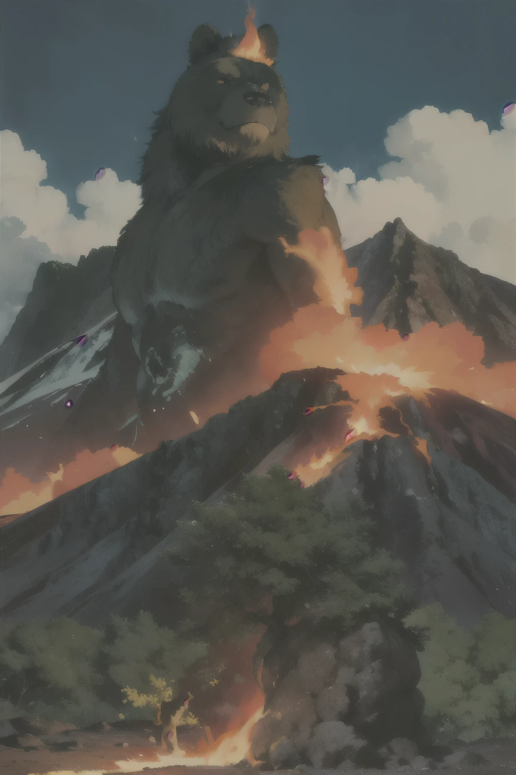 In the heart of a lush, vibrant forest, a proud bear stands tall and tranquil, embodying strength and grandeur. His regal posture conveys a sense of majesty and calm, as he gazes out towards a towering volcano in the distance. Smoke billows from the summit, painting the sky with red-orange hues, while lava streams snake down the volcanic slopes, adding to the scene's raw power and energy.
The forest, rich in life and detail, provides a stark contrast to the volcanic landscape. Delicate foliage blankets the forest floor, with each leaf meticulously rendered in deep green, soft pe