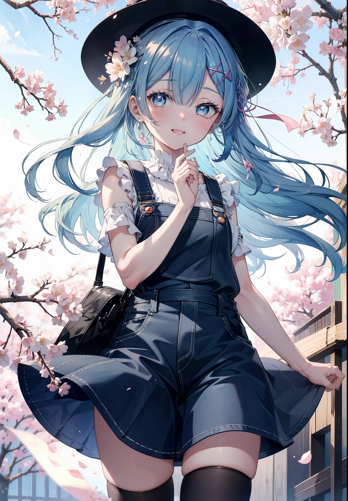 rezeroRem, Rem, blue eyes, blue hair, hair ornaments, hair above one eye, hair ribbon, long hair, x hair ornaments,happy smile, smile, open your mouth,skirt,Hunting Hat,Pink tank top shirt,bare arms,denim overalls,shorts,black tights,Mini Boots,cherry blossoms,cherry blossoms並木道,cherry blossomsが咲いている,cherry blossomsが散っている,morning,morning日,the sun is rising,
break outdoors, garden,
break looking at viewer, (cowboy shot:1. 5)
break (masterpiece:1.2), highest quality, High resolution, unity 8k wallpaper, (figure:0.8), (detailed and beautiful eyes:1.6), extRemely detailed face, perfect lighting, extRemely detailed CG, (perfect hands, perfect anatomy),